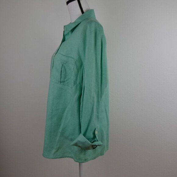 Investments Linen Blouse Top Women's 14W Green Roll Tab Sleeves - Picture 3 of 10